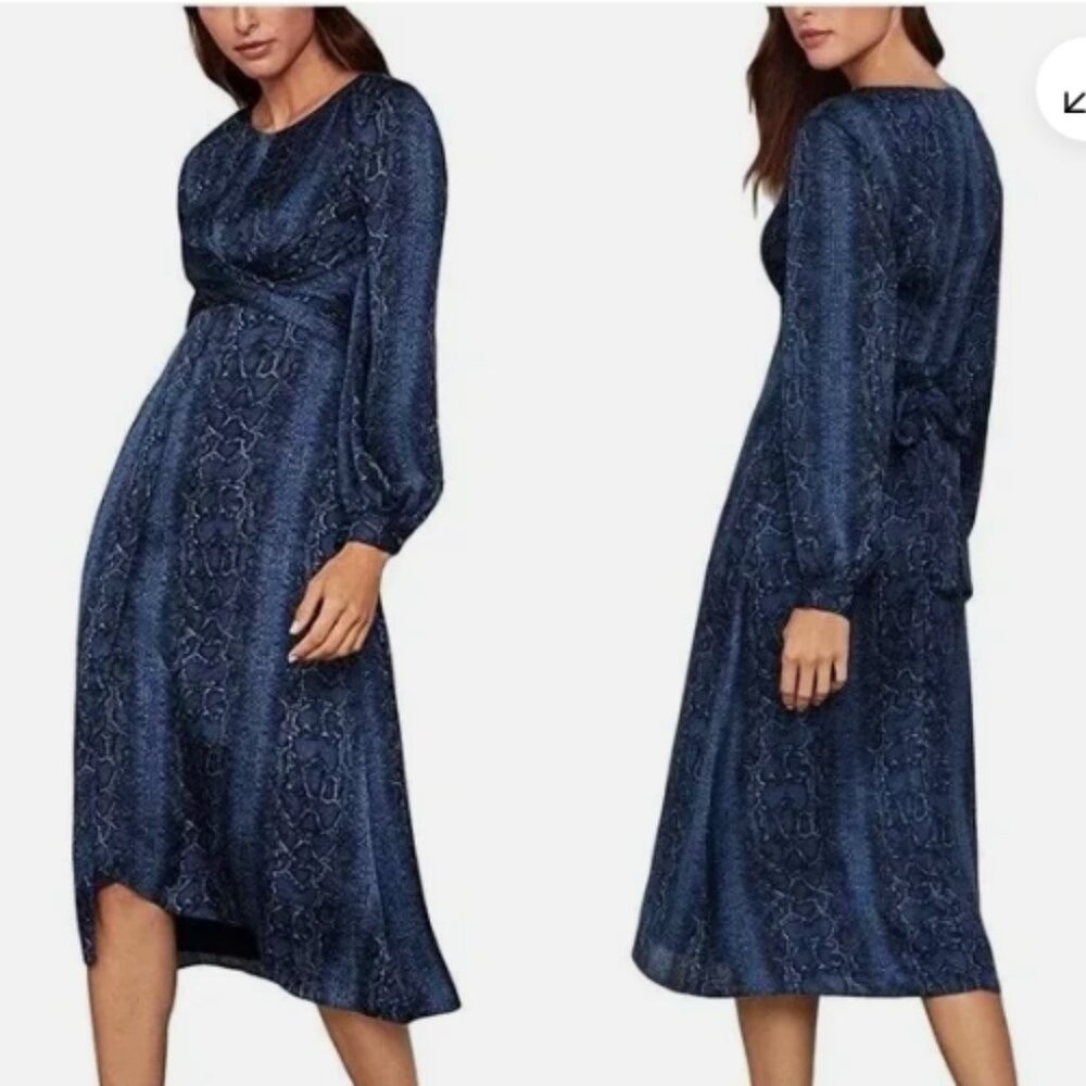 BCBGMAXAZRIA Snake Print Satin Blouse Dress Blue and Black size M NWOT